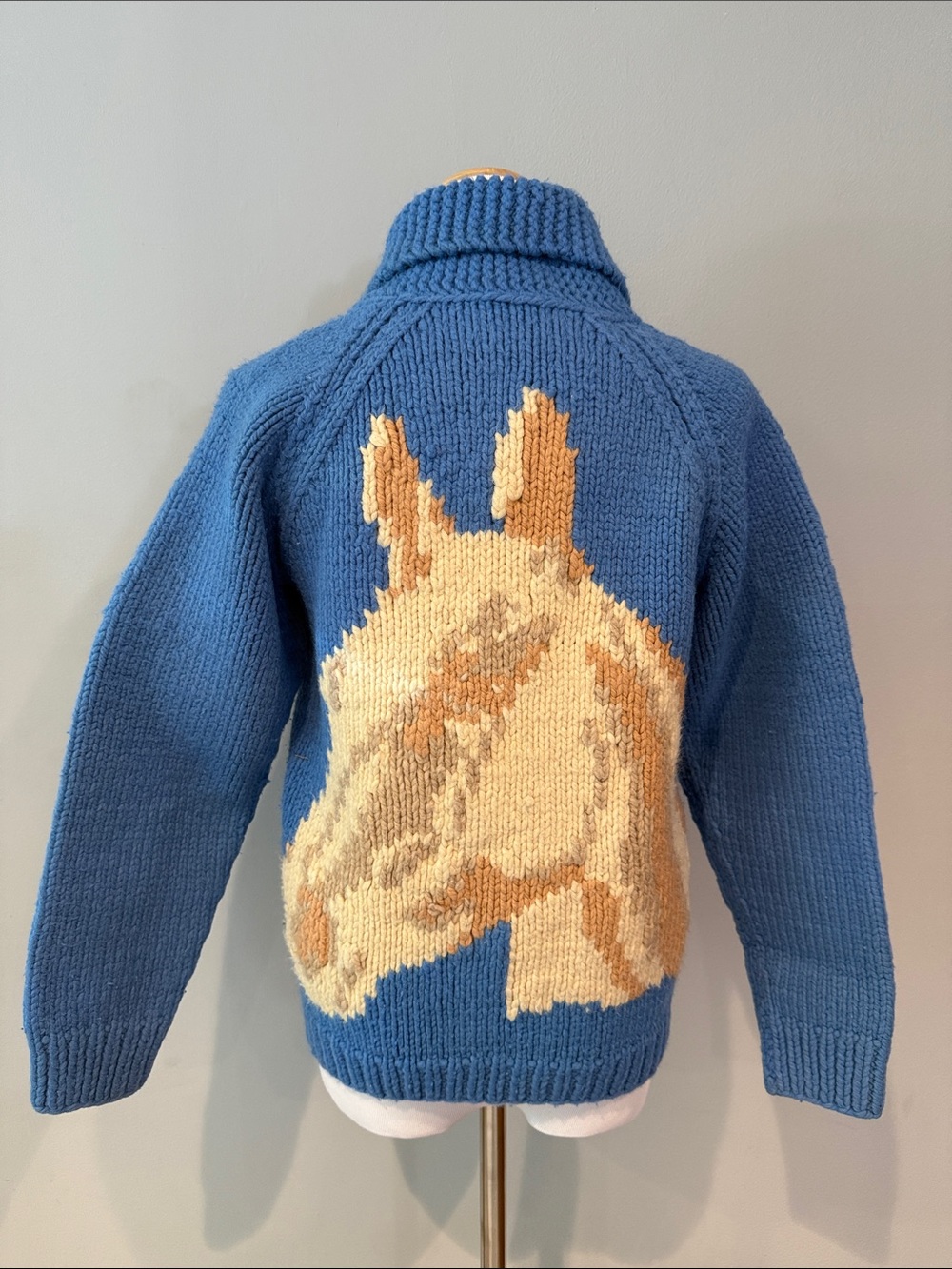 Rare-Vintage women’s Blue Cowichan Sweater with Tan Horse Motif-xs